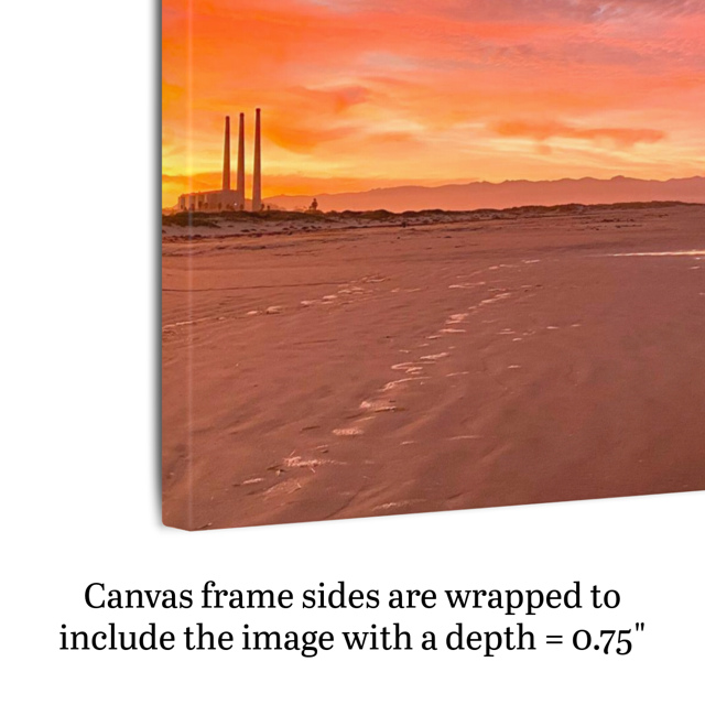 Side view of a canvas print of Morro Rock and the stacks at sunrise with text about canvas depth.
