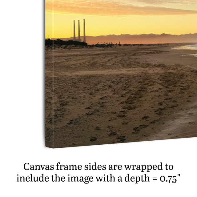 A canvas print of Morro Rock and the stacks at sunrise shown on an angle to highlight side framing and depth.
