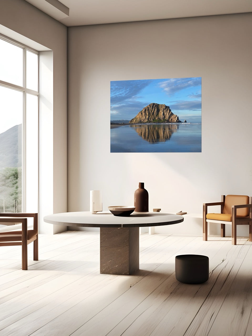 Modern interior with a canvas print of Morro Rock reflecting in the wet sand with clouds on the wall.