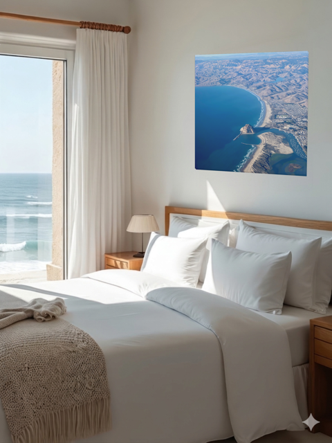 Bedroom with a large bed, ocean view, and an aerial photography of Morro Rock and California coastline canvas print on the wall.