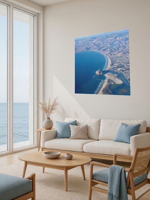 Living room with a large window view of the ocean, beige sofa with blue cushions, wooden coffee table, and a Aerial photography of Morro Rock and California coastline canvas print.