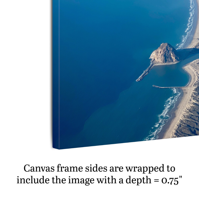 Side view of an Aerial photography of Morro Rock and California coastline canvas print with text indicating frame depth..