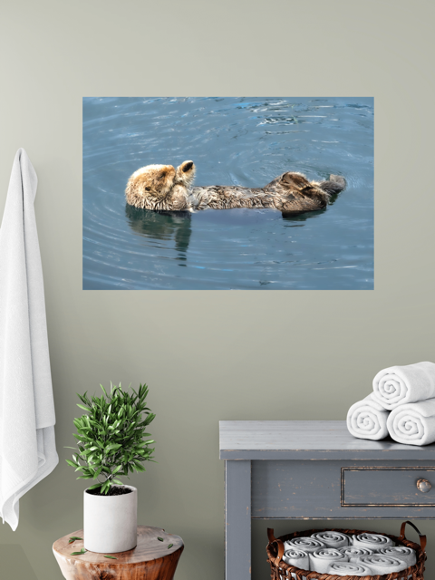 Wall art of a sea otter swimming in water on a gray wall above a small table with a plant and folded towels.