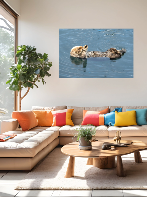 Living room with a sectional sofa, colorful pillows, and a wall art of a sea otter in water.