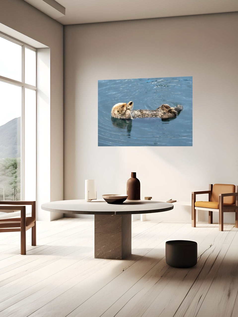 Modern living room with a wall art of a sea otter in water.