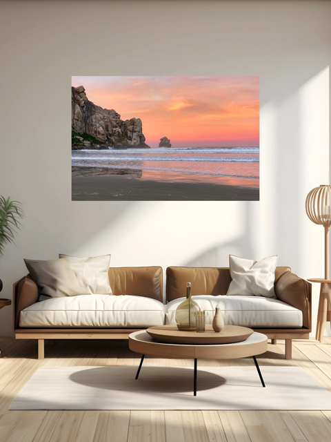 Modern living room with a large beach scene canvas print on the wall.