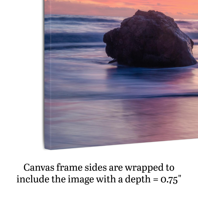 Side view of a canvas print of a large ocean rock showing frame depth.