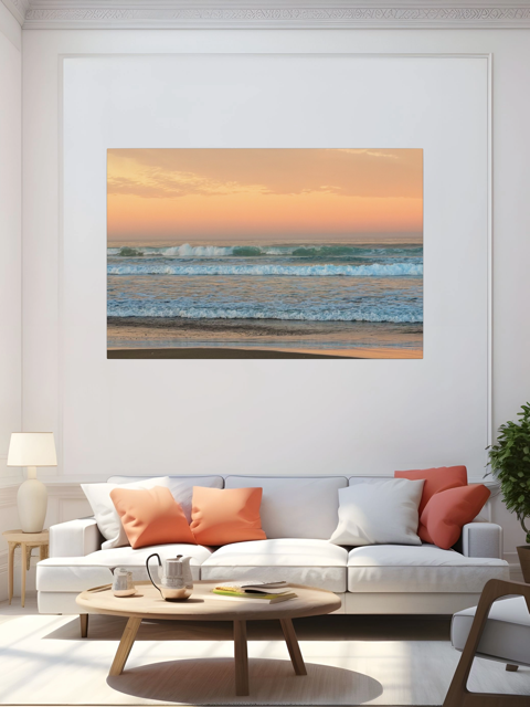 Living room with a large canvas print of a sunrise sky over ocean waves on the wall.