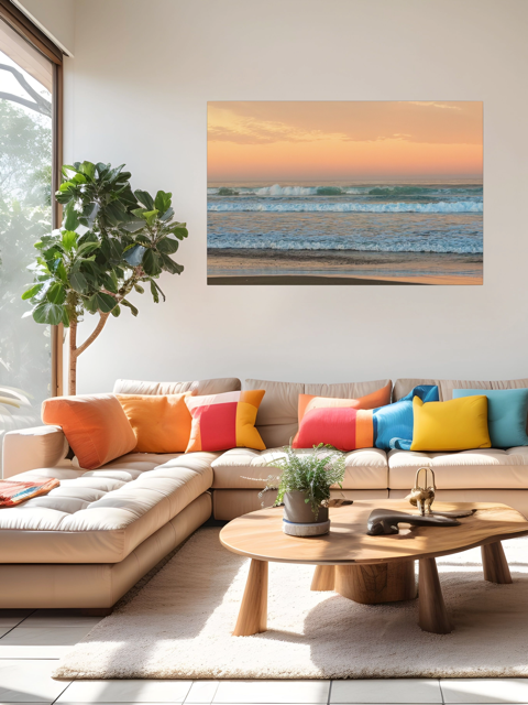 Modern living room with a sectional sofa, colorful cushions, a wooden coffee table, and a canvas print of a sunrise sky over ocean waves on the wall.