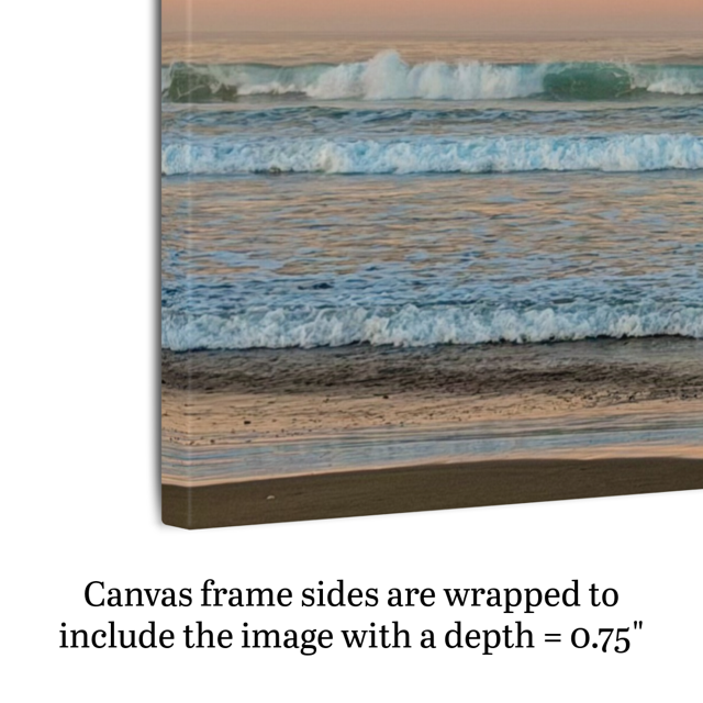 Canvas print of ocean waves with a wooden frame, showing text about canvas depth.