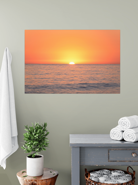 A canvas print of a sunset over the ocean on a wall above a plant and shelves.