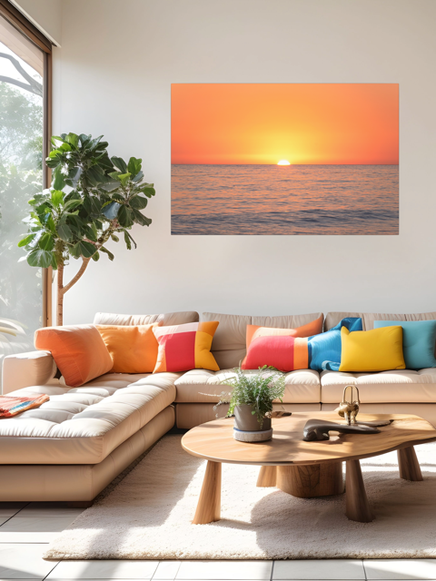 Modern living room with a sectional sofa, colorful pillows, and a wall art of a sunset over the ocean.