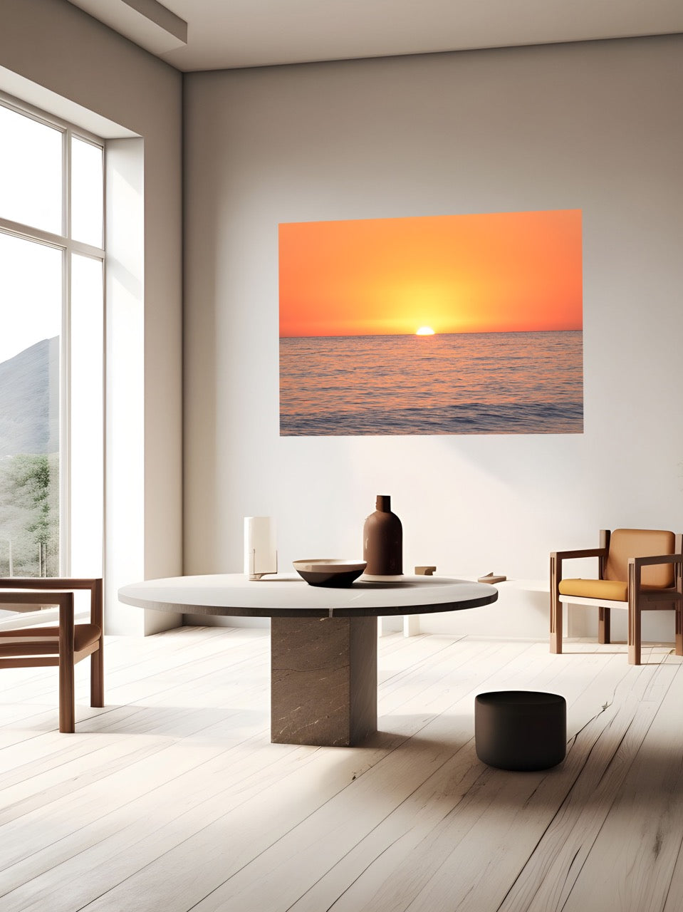 Modern living room with a large canvas print of a sunset over the ocean on the wall.