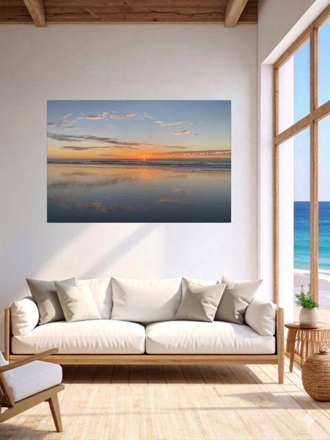 Living room with a Pacific Ocean sunset reflection on beach during King Tide canvas print on the wall