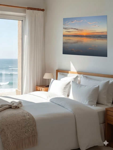 Bedroom with a large bed, ocean view, and a Pacific Ocean sunset reflection on beach during King Tide canvas print on the wall.
