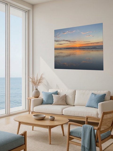 Living room with a large window view of the ocean, a beige sofa with blue cushions, and a Pacific Ocean sunset reflection on beach during King Tide canvas print.