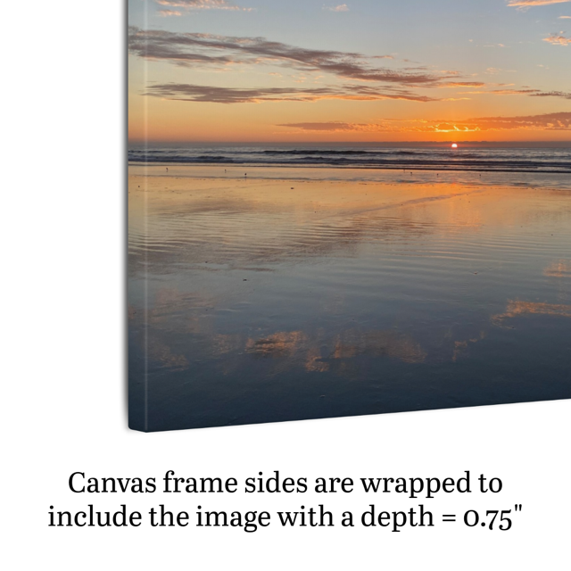 Pacific Ocean sunset reflection on beach during King Tide canvas print with text indicating frame depth.