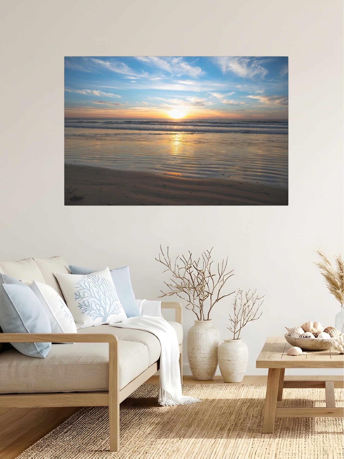 Living room with a California beach sunset over the ocean with golden sand ripples canvas print on the wall