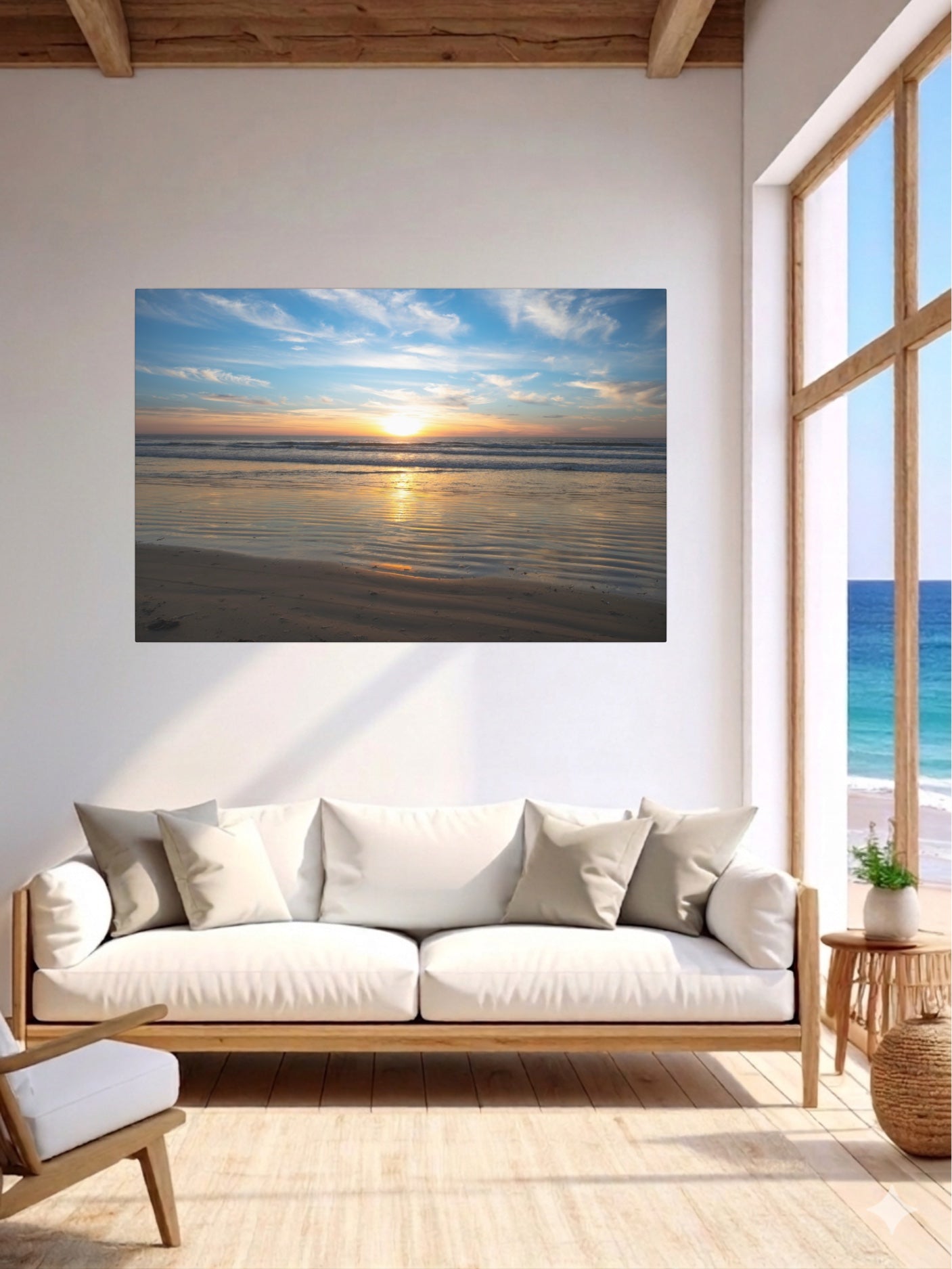 Living room with a California beach sunset over the ocean with golden sand ripples canvas print on the wall