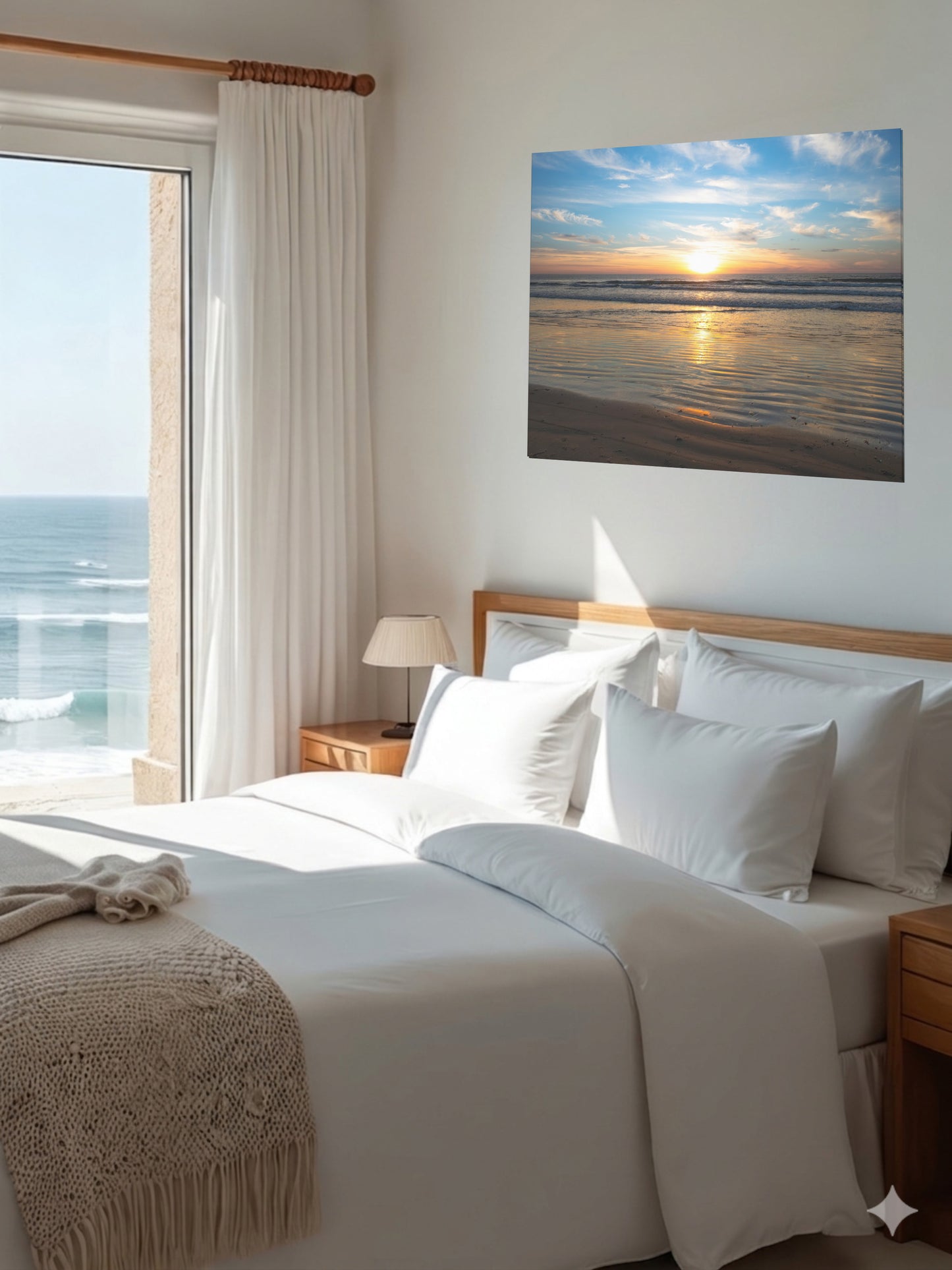 Bedroom with a large bed, ocean view, and a California beach sunset over the ocean with golden sand ripples canvas print on the wall.