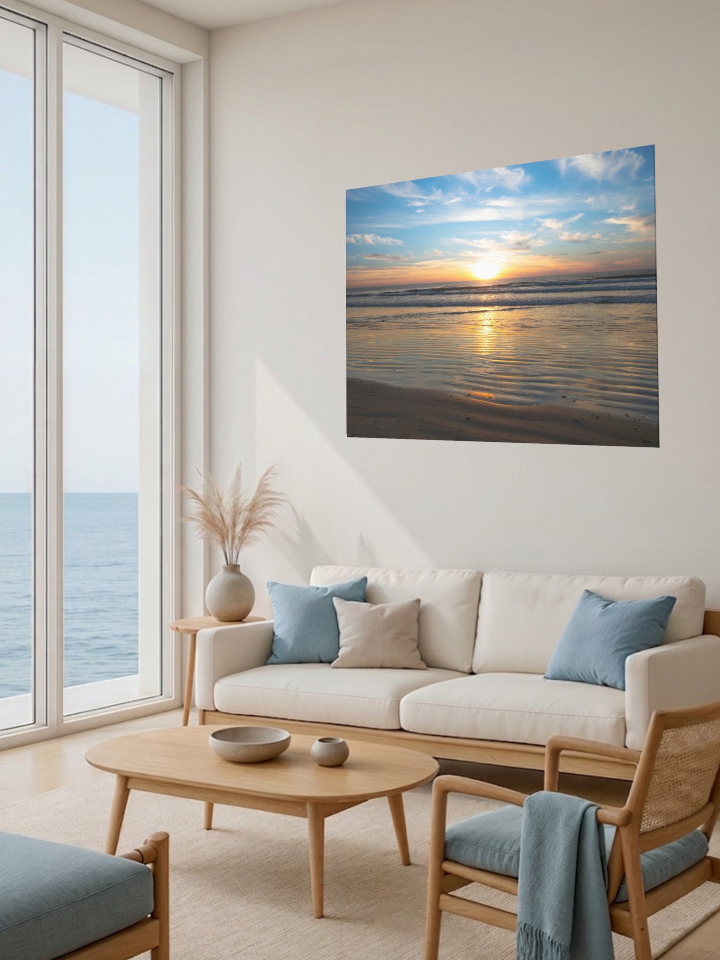 Living room with a large window view of the ocean, a beige sofa with blue cushions, and a California beach sunset over the ocean with golden sand ripples canvas print on the wall.