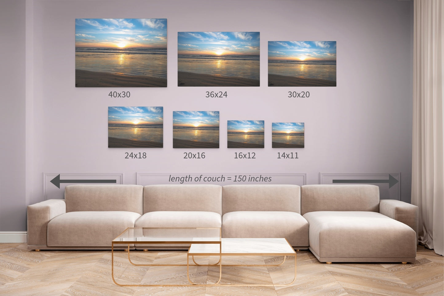 Living room with a beige sectional sofa and wall art displaying various sizes of a California beach sunset over the ocean with golden sand ripples canvas print.