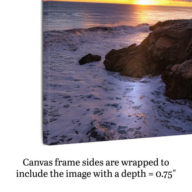 Canvas print of a sunset over the ocean with rocks, text indicating frame depth.