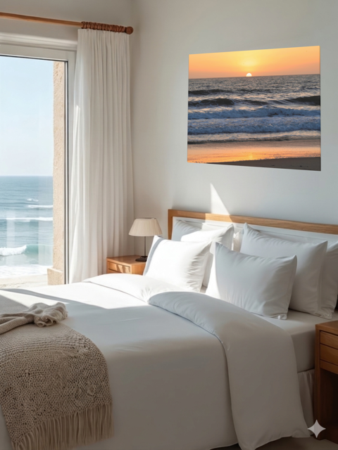 Bedroom with a large bed, ocean view, and a Pacific Ocean sunset and waves on beach canvas print on the wall.