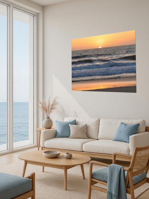 Living room with a large window view of the ocean, a beige sofa with blue cushions, and a Pacific Ocean sunset and waves on beach canvas print.