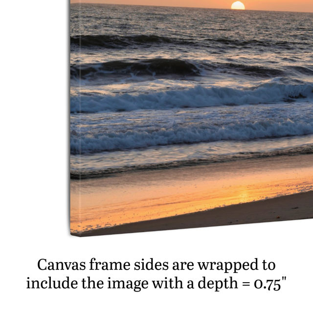 Sunset over the ocean with waves crashing onto a beach, text indicating canvas frame depth.