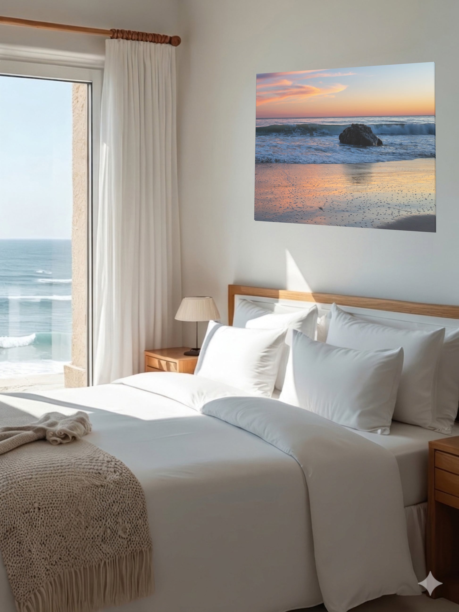 Bedroom with a large bed, ocean view, and pastel beach twilight canvas print with pink clouds reflecting on wet sand on the wall.