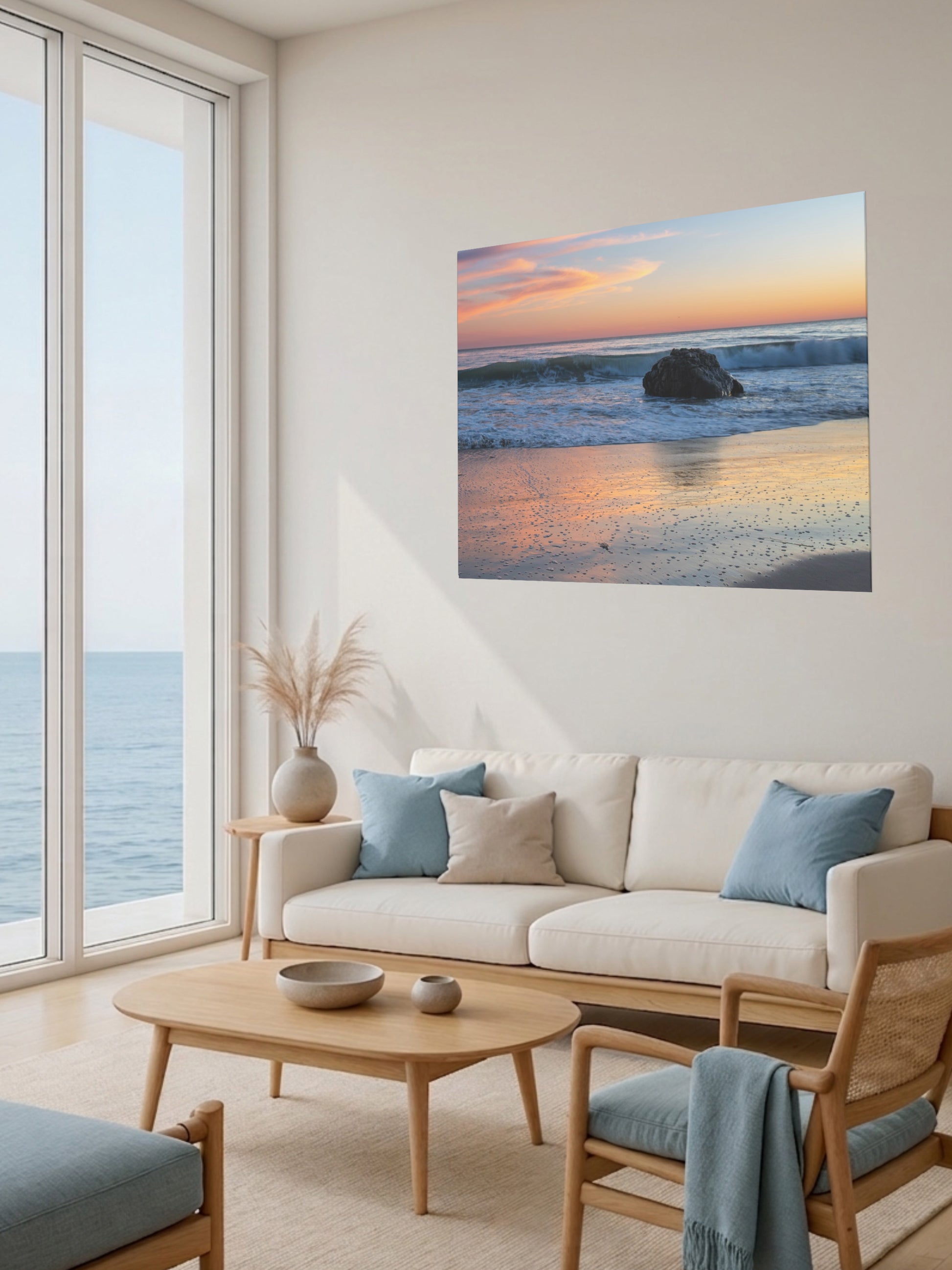Modern living room with a large window view of the ocean, a beige sofa with blue cushions, and a pastel beach twilight canvas print with pink clouds reflecting on wet sand.