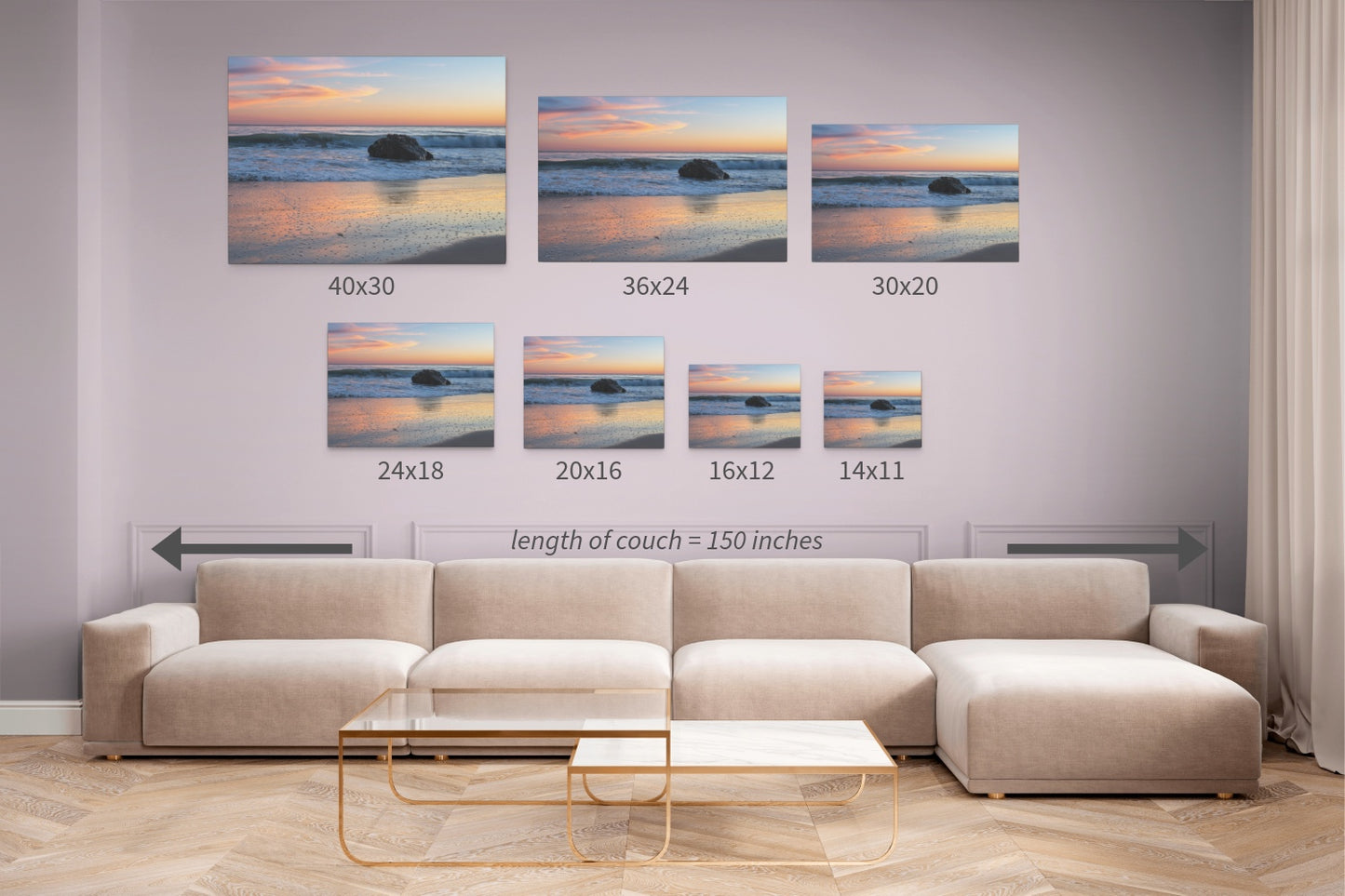 Pastel beach twilight canvas prints with pink clouds reflecting on wet sans displayed above a sofa with measurements shown.