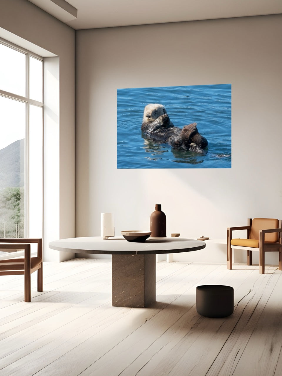Modern living room with a wall-mounted artwork of a sea otter in water.