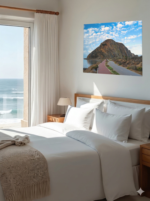 Bedroom with a large bed, ocean view, and a Road to Morro Rock canvas print on the wall.