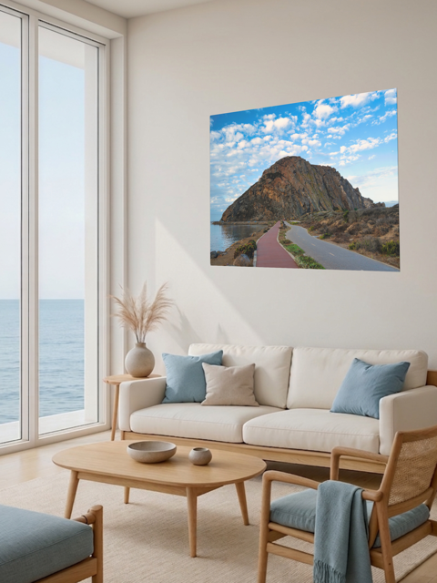 Living room with a large window view of the ocean, a beige sofa with blue cushions, and a Road to Morro Rock canvas print.