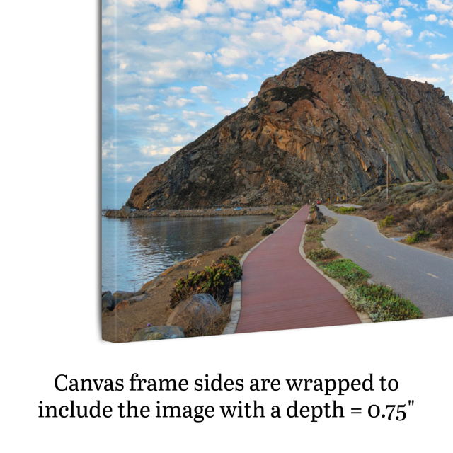 Side view of the Road to Morro Rock canvas print with text indicating frame depth.