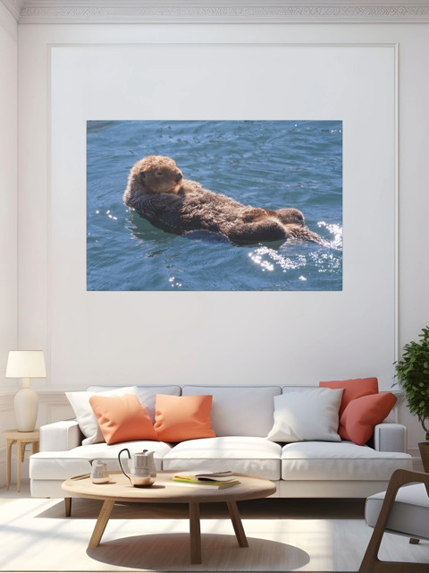 Living room with a large wall art of an otter swimming in water above a white sofa.