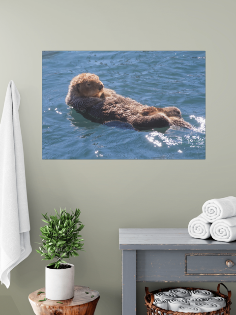 Canvas print of an otter swimming on a wall above a table with a plant and folded towels.