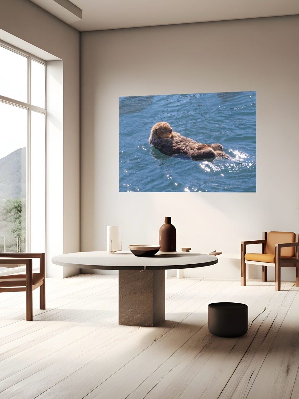 Modern living room with a large wall-mounted picture of an otter in water.
