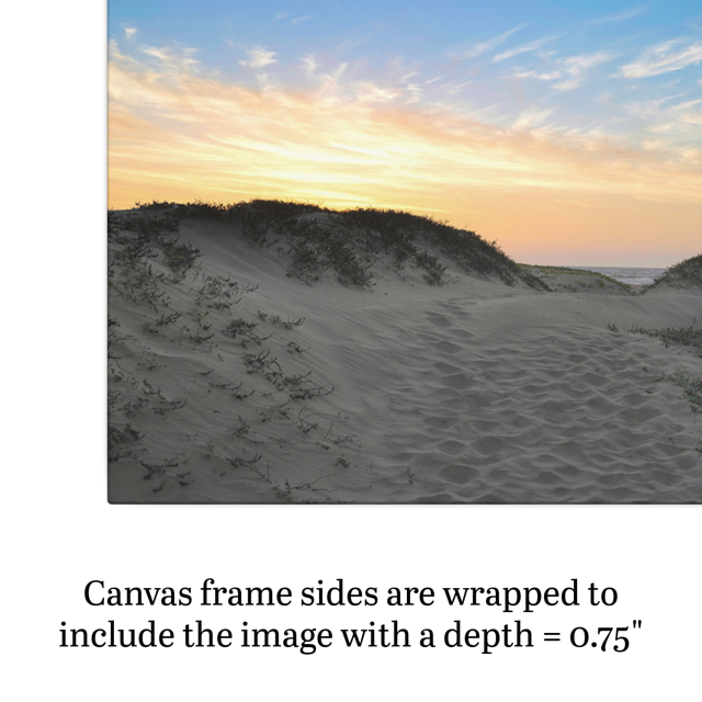 Side view of a canvas print of a beach sunset over the sand dunes with text indicating frame depth.