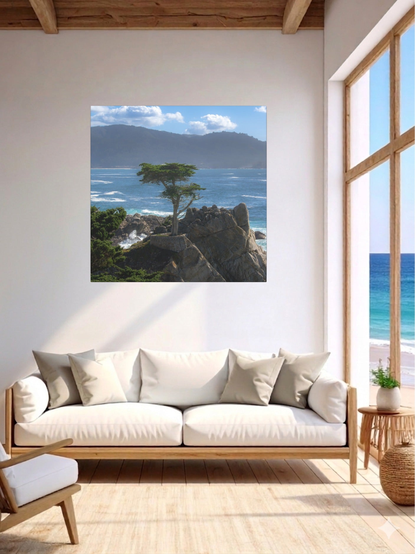 Living room with a large window and a canvas print of the lone cypress tree at Pebble Beach on a rocky cliff.