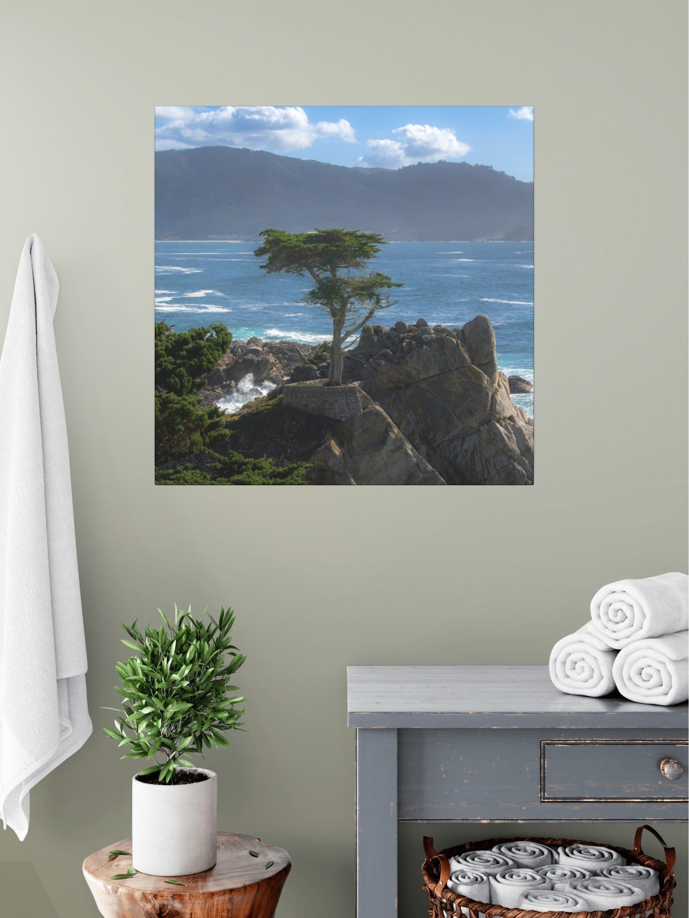 Canvas print of the lone cypress tree at Pebble Beach on a rocky cliff in a bathroom setting.