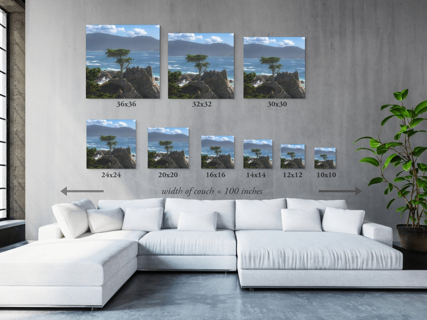 Wall art display with multiple sizes of a canvas print of the lone cypress tree at Pebble Beach on a rocky cliff, above a white sofa.
