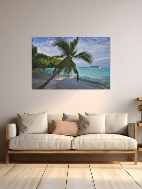 A canvas print of a tropical beach scene on wall above a sofa