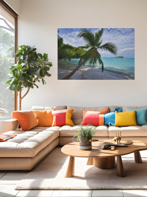 Modern living room with a sectional sofa, colorful pillows, and a canvas print of a tropical beach scene on the wall.