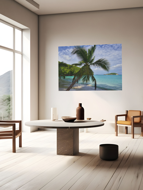 Modern living room with a round table and chairs, featuring a large wall art of a tropical beach scene.