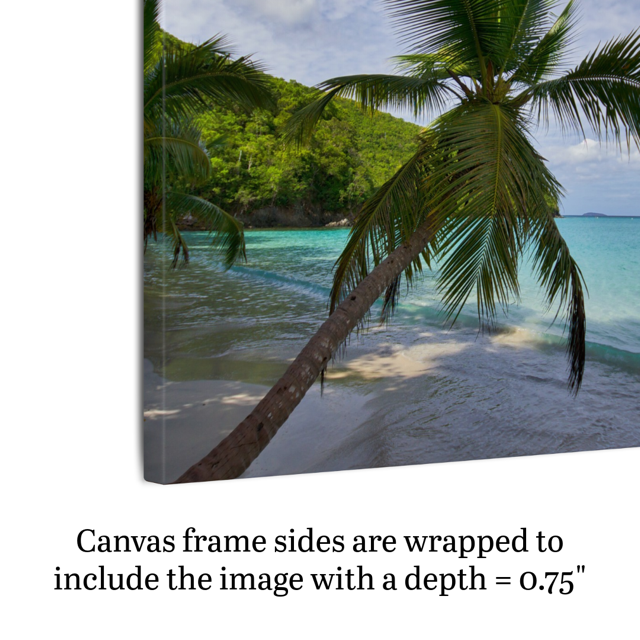 Side view of a canvas print of a tropical beach scene showing frame depth.