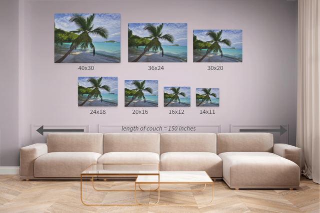 Seven canvas prints of a tropical beach scene with corresponding dimensions above a beige sofa.