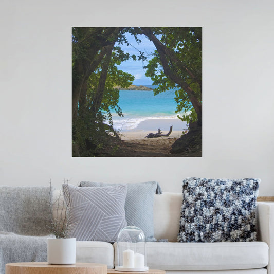 Tropical beach view through trees Hawaiian island canvas print on a wall above a sofa.